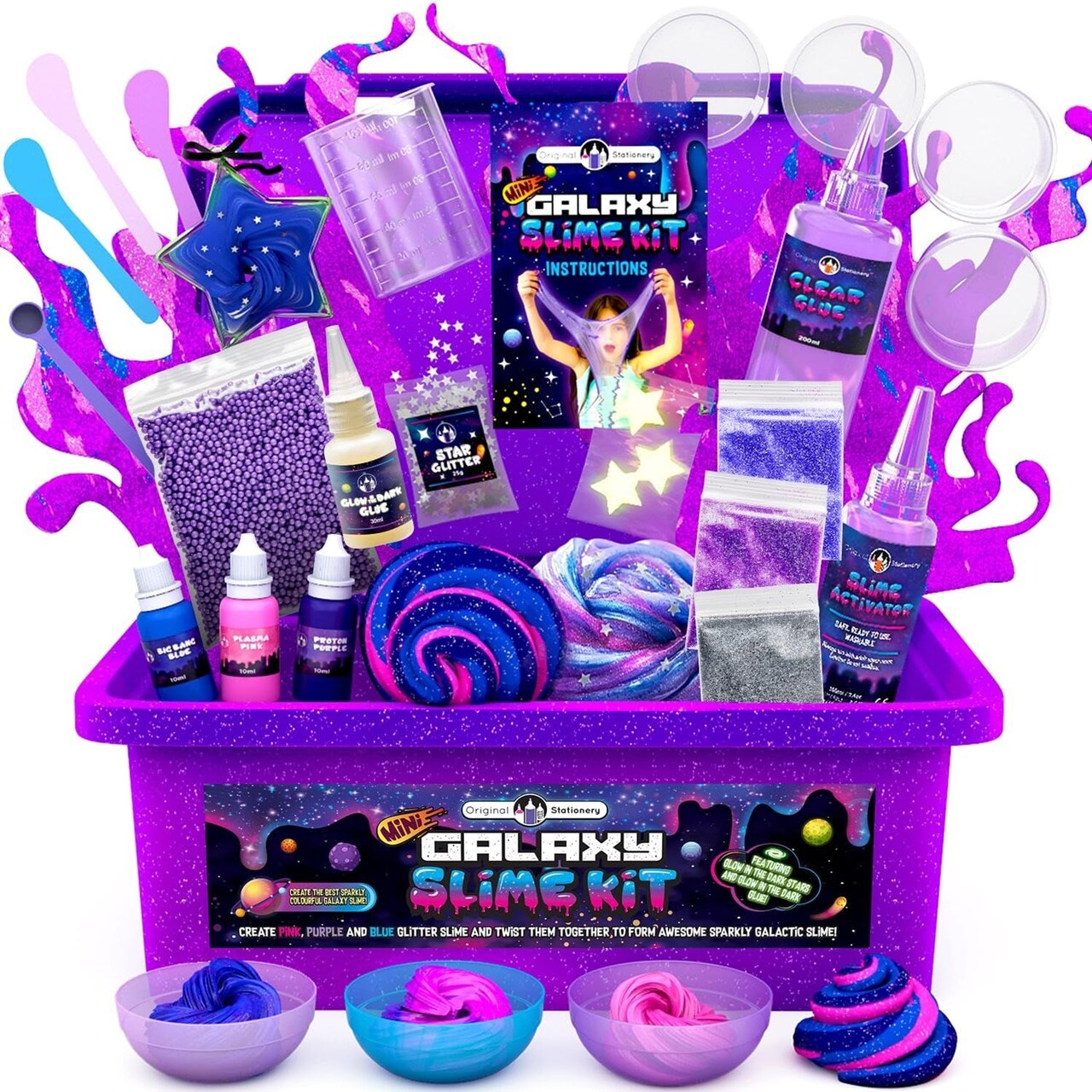 Original Stationery Mini Galaxy Slime Kit for Girls & Boys Ages 7–12, DIY Glow-in-The-Dark Slime Set with Glitter, Fun Space Craft Toy for Creative Play, Easter & Birthday Gift for Kids